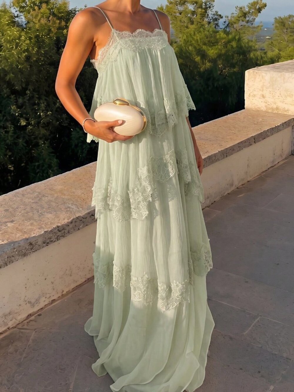 Pastel Green Elegant Women's Adjustable Strap Chiffon Dress with Contrast Lace - Picture 1 of 9